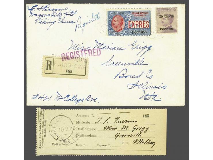 Victor Emanuel 20 cents lilac and 30 cents blue and red on registered cover from Peking 10-8-1922 to Greenville, Ill (USA), f