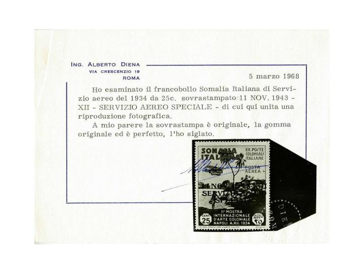 Official Airmail, Colonial Exhibition 25 centesimi dark blue and red overprinted 11. Nov. 1943 - XIII. Servizio Aereo Special