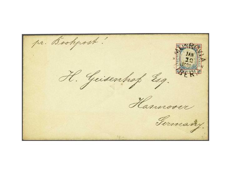 Envelop 3 cents blue and red with obliterated portrait of President Johnson (H&G no. B2) from Monrovia 12-1-1892 to Hannover 
