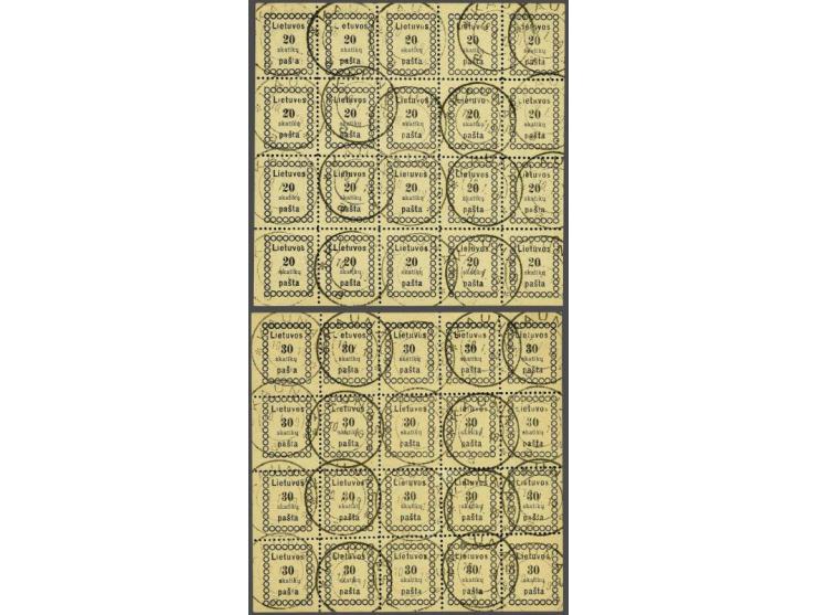 Second Vilnius Issue 20 skatiku black and 30 skatiku black in complete sheets of 20 with the error inverted n on position 9, 