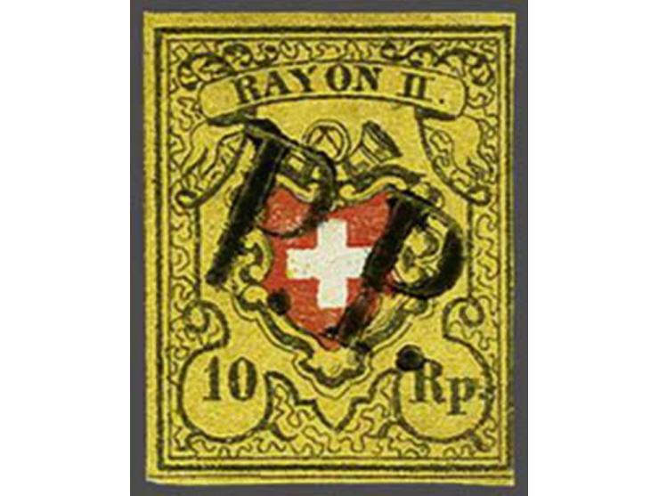 Rayon II 10 rappen black and red on yellow printing stone A1 type 6 (Zst. 16 IIf), fine/very fine with 1961 Hunziker certific