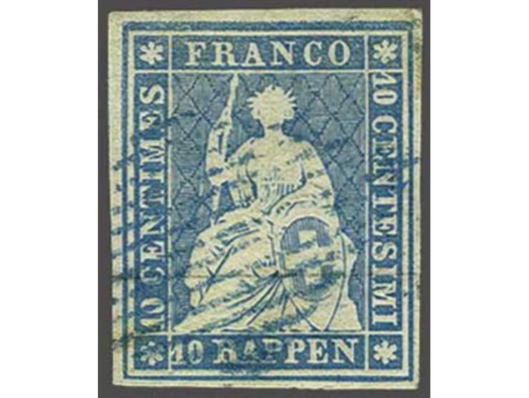Strubel 10 rappen blue 1st Munich printing with green silk thread (Zst. no. 23Aa), very fine used with 1986 André Nussbaum ce