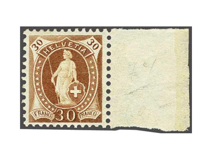 Standing Helvetia 30 centimes red brown perforation 11½ x 11 with wide control mark and sheet margin (Zst. no. 68C), very fin