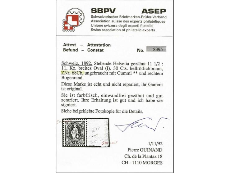 Standing Helvetia 30 centimes red brown perforation 11½ x 11 with wide control mark and sheet margin (Zst. no. 68C), very fin