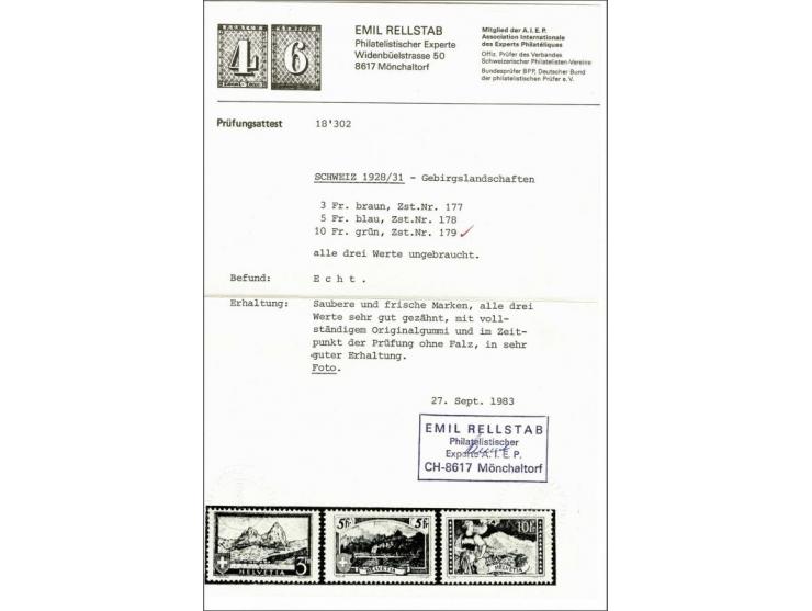 Landscapes 3 - 10 francs, very fine unmounted mint (no. 227 some offset at reverse) with 1983 Emil Rellstab certificate, cat.