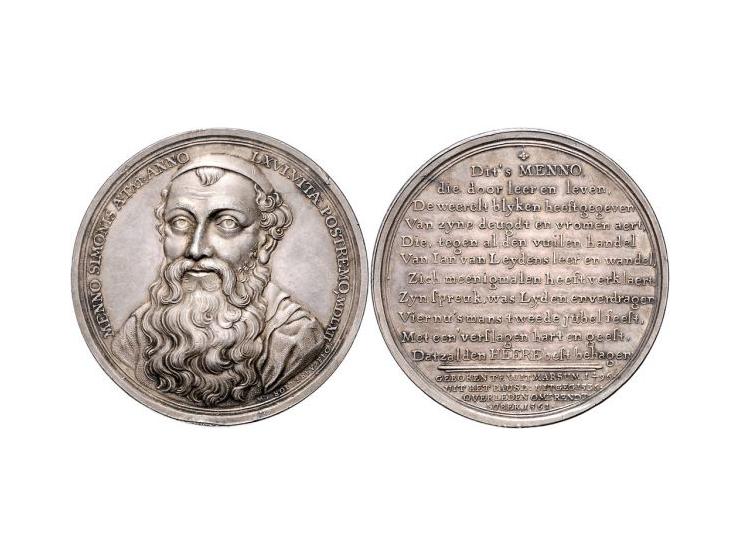 1761, Menno Simonis (Simonz) door Holtzhey, zilver 62,2gr, 54mm, deuk in de rand, overigens zf-pr