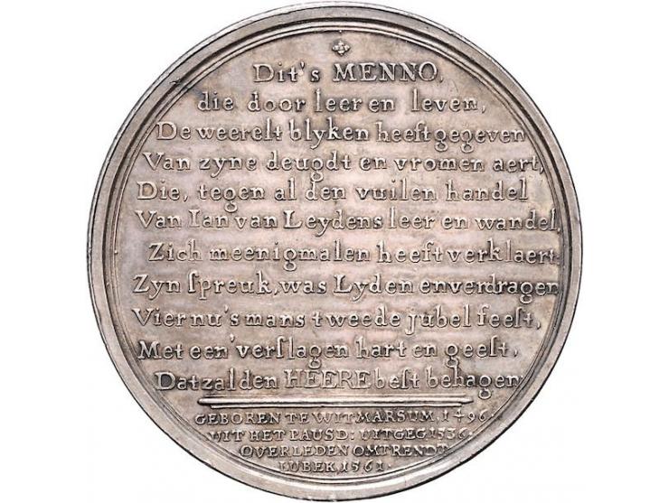 1761, Menno Simonis (Simonz) door Holtzhey, zilver 62,2gr, 54mm, deuk in de rand, overigens zf-pr