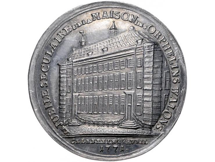 1771, Jubilee seculaire de la Maison des Orphelins Wallons Amsterdam door Ronje, zilver 38mm, opgewreven, overigens pr