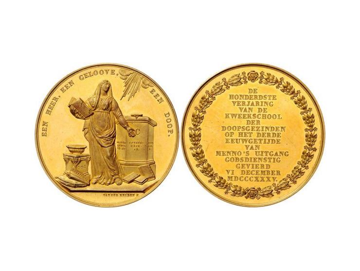 1835, 100e verjaring Kweekschool der doopsgezinden door van der Kellen, goud 45mm, 46,3gr pr-fdc