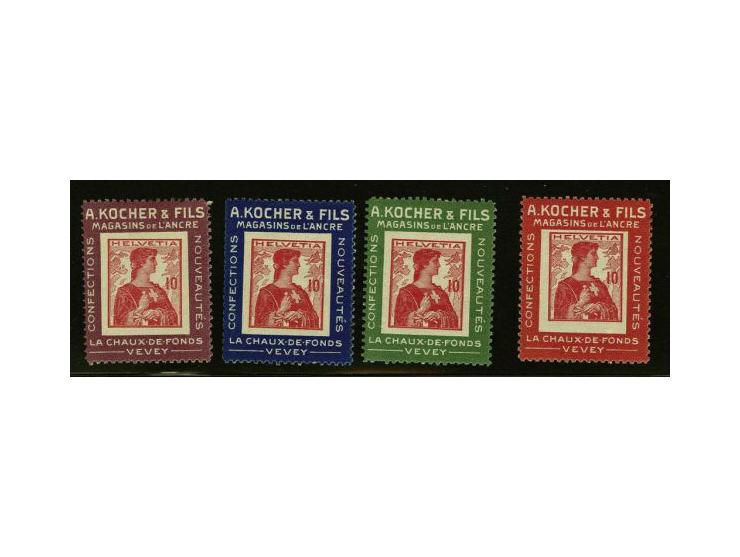 Kochermarken 10 centimes red with frames in violet, blue, green and red, all with (small) faults, cat.v. CHF 2150. Only 500 s