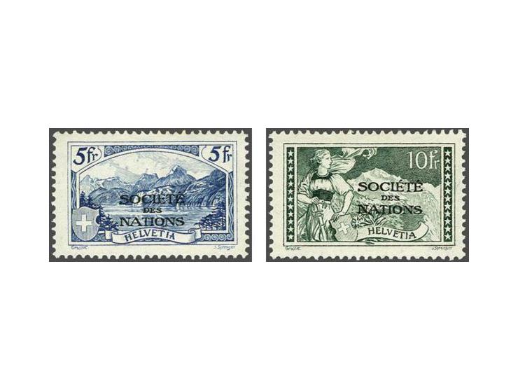 Official. League of Nations 5 francs blue and 10 francs green, very fine mounted mint, cat.v. CHF 950