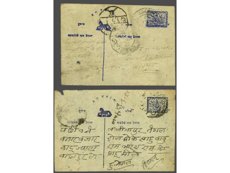 2 postcards 2 paisa blue, Lord Shiwa, used from Lalitpur-Birganj November 1936 and from Trisuli over Kathmandu to Lalitpur Ju