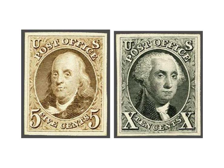 Plate proofs on card of the 1875 reproductions of the Benjamin Franklin 5 cents red brown and George Washington 10 cents blac