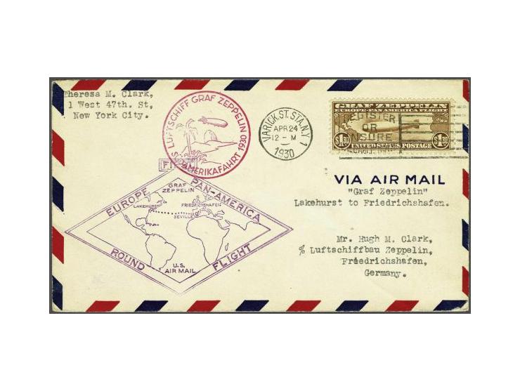 Air Mail. Graf Zeppelin $ 1,30 brown on return cover Südamerikafahrt from New York 24-4-1930 to Friedrichshafen (Germany), ve