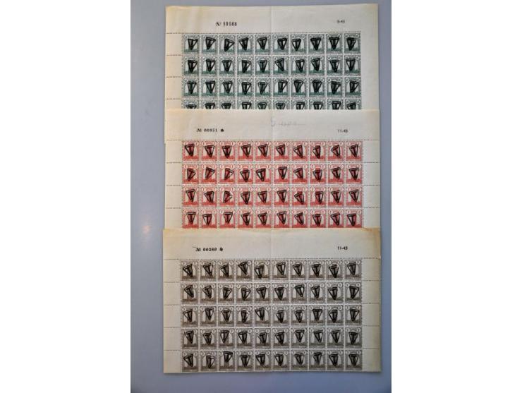 Maury nos. 212, 216 and 221 overprinted with a T in a triangle in unmounted mint sheet parts of 50
