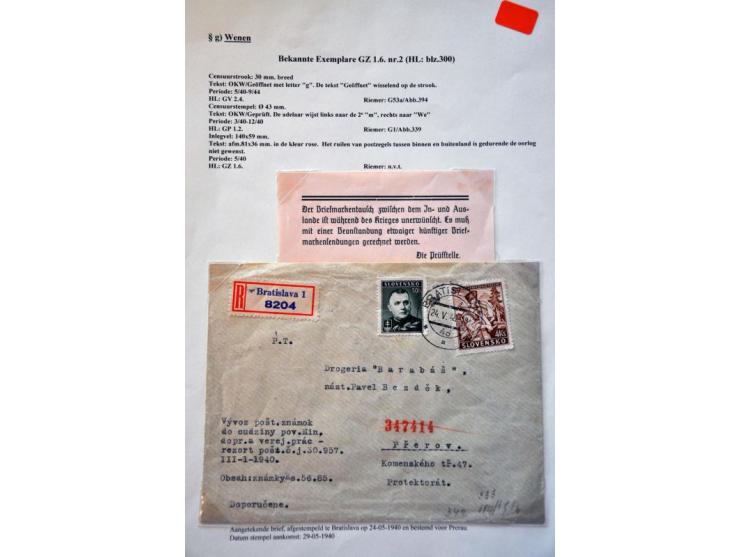 WWII Wien censor 'g', 14 letters and cards from Slovakia 1940-1944, including better censors as Landsmann GP2.1 and labels as