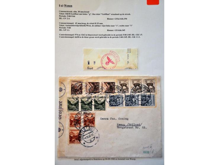 WWII Wien censor 'g', 14 letters and cards from Slovakia 1940-1944, including better censors as Landsmann GP2.1 and labels as