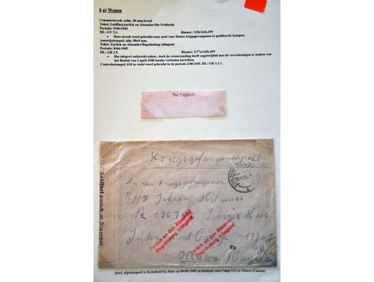 WWII Wien censor 'g' 6 cards and letters to/from Prisoners of War 1942-1945 including letter Aachen-Ottawa 1945 with 2x red Z
