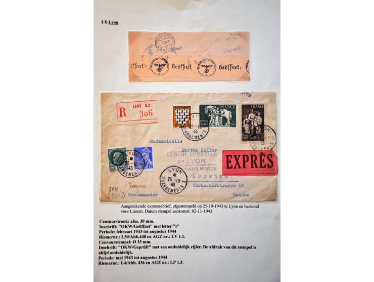 WWII Lyon 'l' censor, 11 letters and cards 1943-1944 with better mute cancellations, returned letter Switzerland-Kent (UK) 20