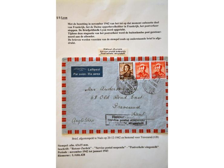 WWII Lyon 'l' censor, 11 letters and cards 1943-1944 with better mute cancellations, returned letter Switzerland-Kent (UK) 20