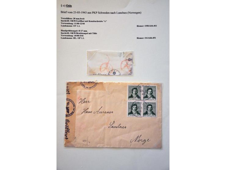 WWII Oslo censor 'o', 15 letters and cards 1940-1944 including better labels and censors as Landsmann SND1.1, SNP1.3.2 and SN