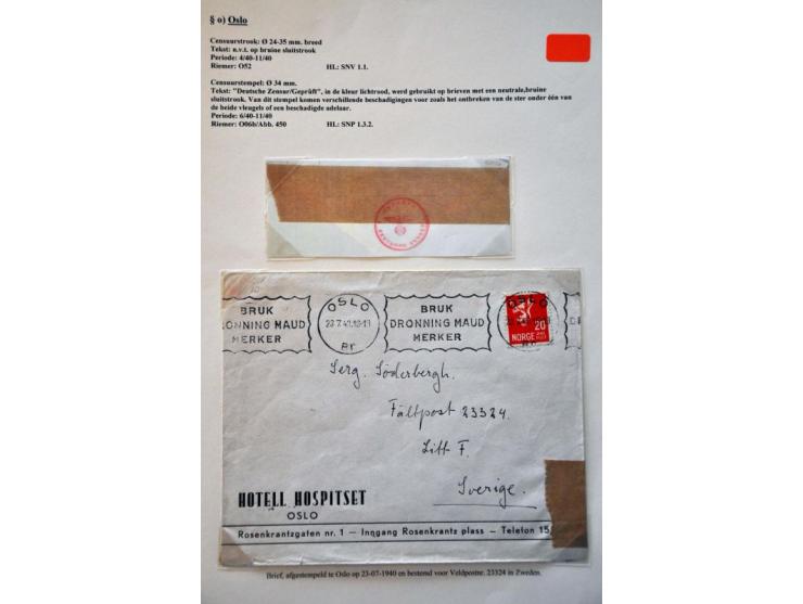 WWII Oslo censor 'o', 15 letters and cards 1940-1944 including better labels and censors as Landsmann SND1.1, SNP1.3.2 and SN