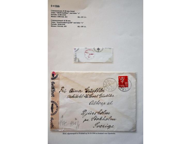 WWII Oslo censor 'o', 15 letters and cards 1940-1944 including better labels and censors as Landsmann SND1.1, SNP1.3.2 and SN