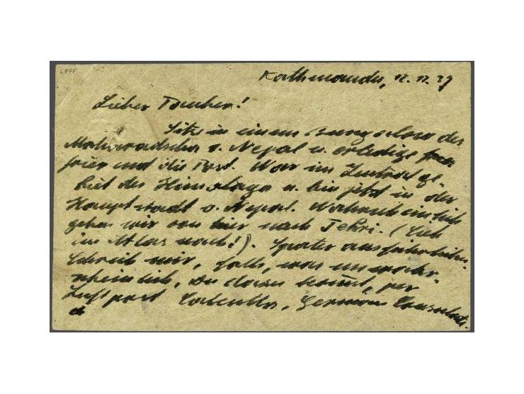 Postcard 2 annas brown, 4th type, posted at the Nepalese Exchange P.O. of Kathmandu, forwarded to the British Legation P.O. w