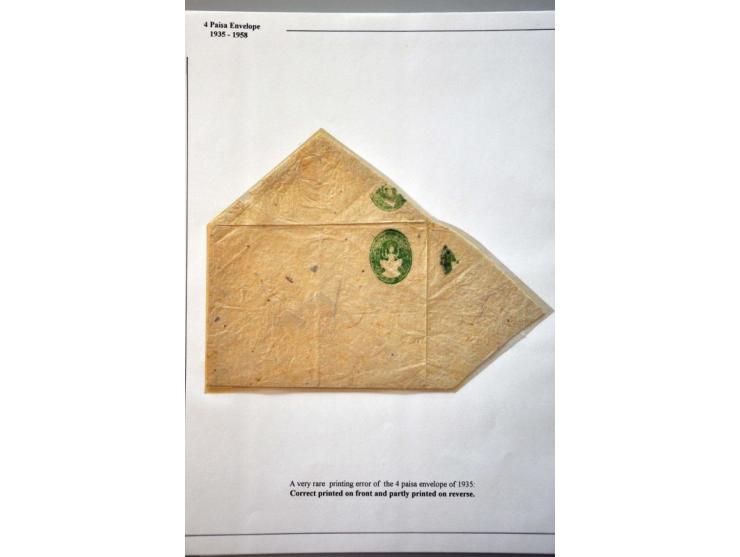 3 envelopes 4 paisa green, all printing errors die, double on front (one lying), and 2 double with complete at reverse and pa