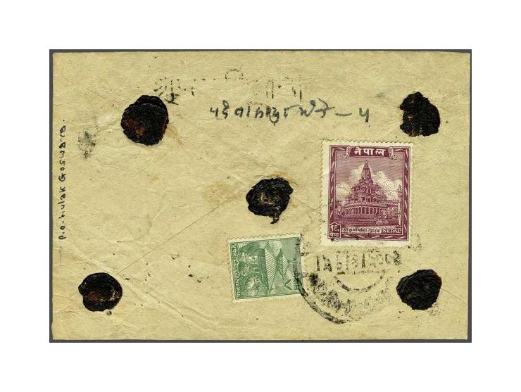Envelope 2 paisa red (error) with diagonal overprint ATH PAISA in 2 words, sent from Kathmandu June 1952 with additional fran