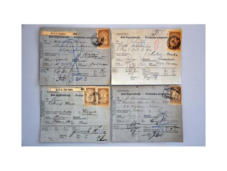 over 30 parcel cards franked with fiscal stamps including foreign destinations