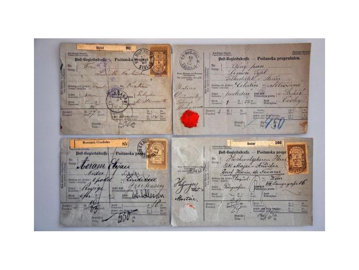 over 30 parcel cards franked with fiscal stamps including foreign destinations