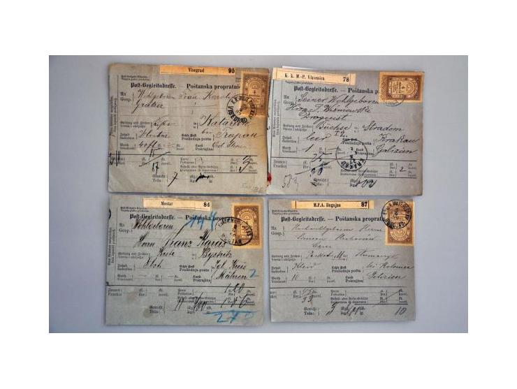 over 30 parcel cards franked with fiscal stamps including foreign destinations