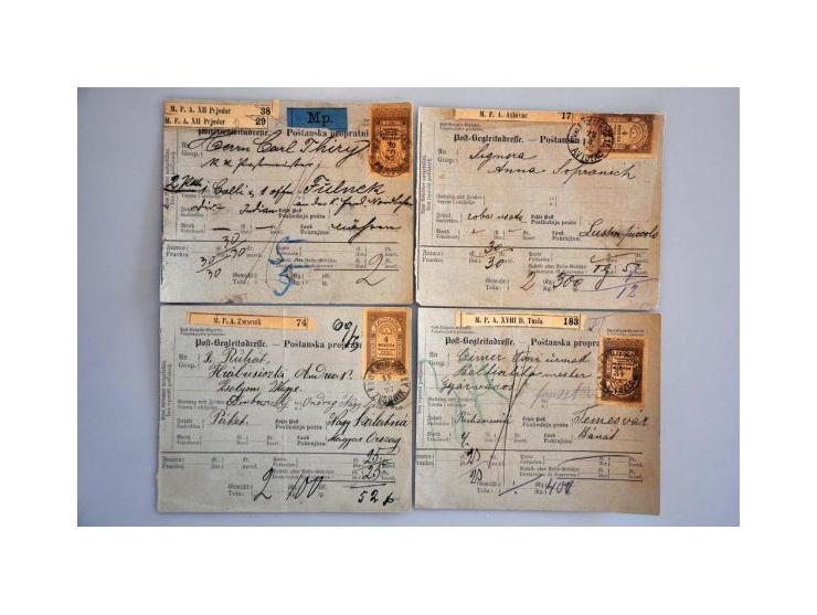 over 30 parcel cards franked with fiscal stamps including foreign destinations