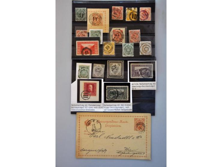 19 stamps and 1 postcard with various circle cancellations, mainly with number