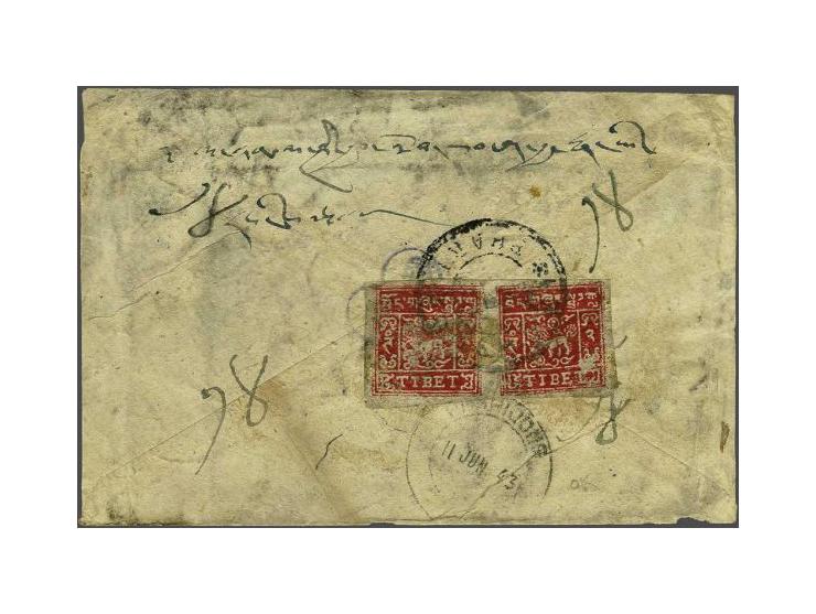 Envelope 8 paisa from Kathmandu June 1943 to Lhasa Tibet, sent to Pharijong and forwarded with pair 2 Tranka Tibet to Lhasa (
