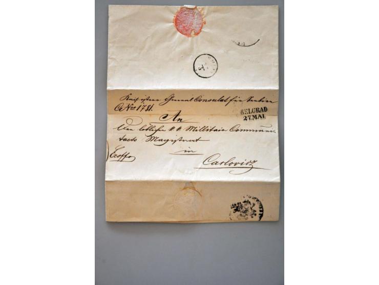 cholera-cover from the Austrian Embassy in Belgrade 27-5-1853 to Carlovitz, desinfected at Semlin, very fine with 1988 Branis