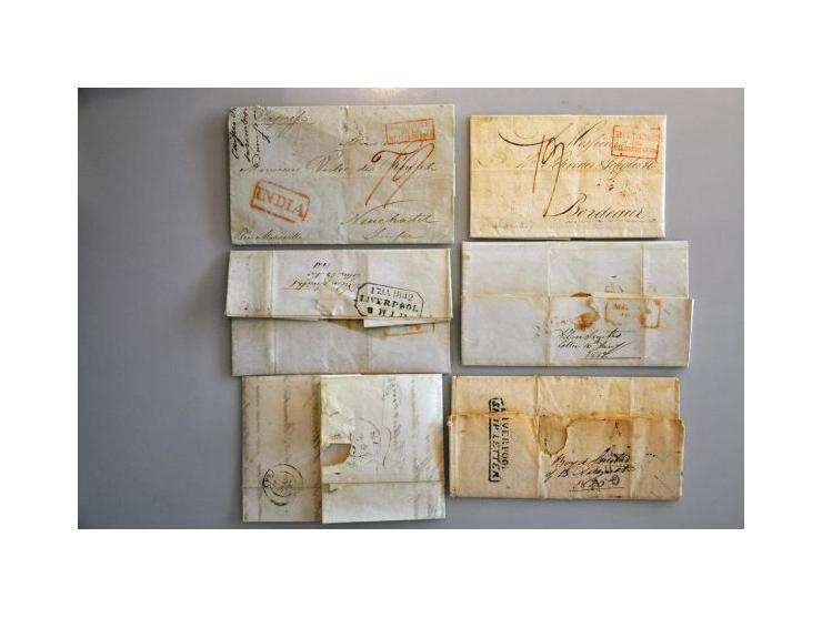 6 prephilatelic letters 1825-1843 including Calcutta-Neuchatel 1843 with red boxed INDIA and USA-England with ship letter can