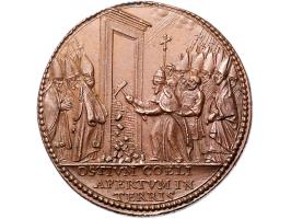 Historiepenningen Papal States, Innocent X (1644-55), medal 1650 in bronze, the jubilee - Obv: bust right / Rev: the pope ope