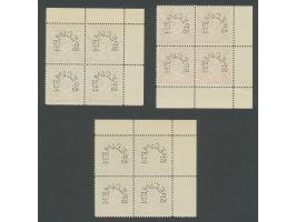 Mercurius 10 cent t/m 1 gulden Engelse druk met specimen perforatie in blokken van 4 met hoekvelrand, 10 cent 2 ex. met licht