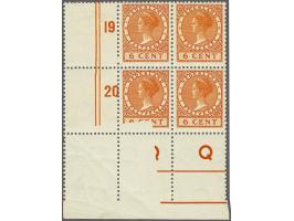6 cent roodbruin met variëteit deels onbedrukt door papiervouw in hoekblok, pracht ex. Herkomst: collectie Klaassen (2010)