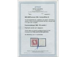 Afdruk van het niet-geretoucheerde stempel op dun papier van de 10 cent in donkerkarmijn pos. 1 met velrand, pracht ex. met c