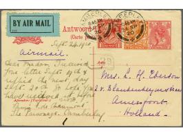 Antwoordbriefkaart 5 cent met bijfrankering 1 en 2d Camberley-Amersfoort 24 sp 20 per luchtpost via London W.C. 25 sp 20, pra
