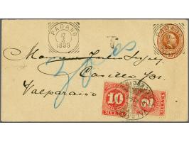 Envelop 10 cent oranjebruin van Padang 17-3-1899 naar Valparaiso (Chili). Ondergefrankeerd en daarom beport met 2 en 10 centa