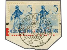 Danser 5 cent blauw horizontaal paar op fragment met perfin RVF (Regnault's verf-inkt- en blikfabrieken Soerabaja) en langeba