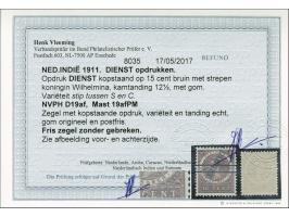 15 cent bruin met strepen met variëteit kopstaande opdruk en plaatfout punt tussen S en C (Mast 19afPM) met certificaat Vleem