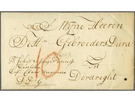 Complete handelsbrief van Curaçao 11-9-1754 via Texel en Amsterdam naar Dordrecht met onduidelijke afdruk van het 6-stuiverst