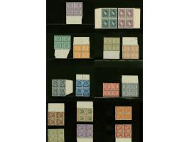 Cijfer en Veth ½ cent t/m 2½ gulden in blokken van 4 merendeels met velrand, meest pracht ex. (1 ex. nr. 57 hoektandje verfra