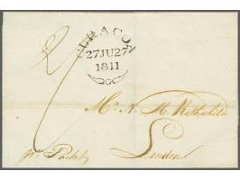 Engelse Bezetting. Briefomslag met luxe afdruk fleuronstempel Curacoa (Julsen/Benders type I) 27-6-1811 naar Mr. N.H. Rothsch