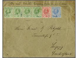2½ cent groen tanding 13½ x 13¼ in strip van 4, 5 cent rood tanding 13½ x 13¼ en 10 cent ultramarijn tanding 13½ x 13¼ op env
